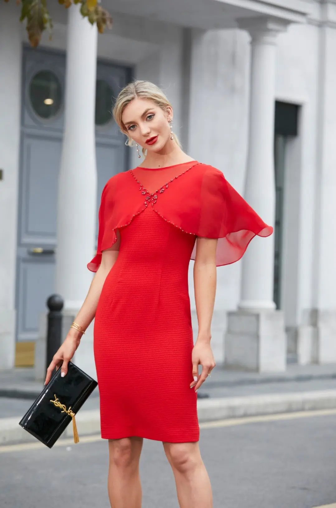 Glamorous Red Cocktail Dress with Cape - like Sleeves ULA
